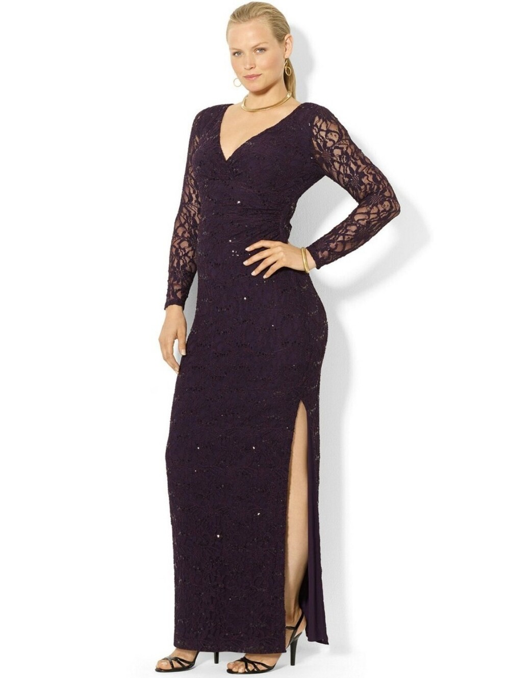 Lauren Ralph Evening Gown Women's Size 2 Purple Sequin Lace Long Sleeve Maxi